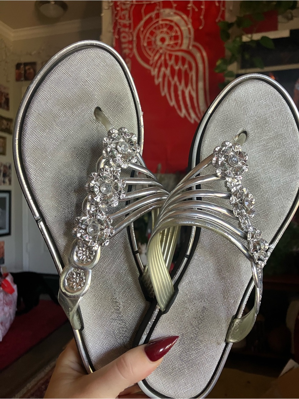 Women's Silver Jeweled Thong Sandals